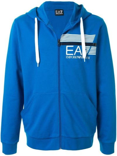 Ea7 Emporio Armani Logo Print Zip Up Hoodie Herren Blau | JUEEZCMA