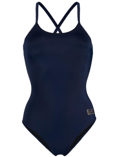 Ea7 Emporio Armani Metallic Logo One Piece Badeanzüge Damen Blau | LPTT2GT9