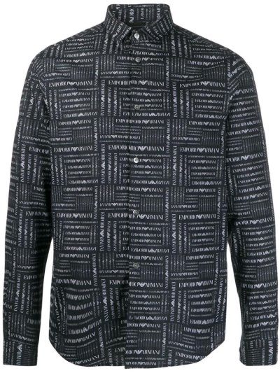 Armani Emporio All Over Logo Hemd Herren Blau | 48DPQYNP