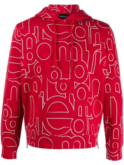 Armani Emporio All Over Logo Hoodie Herren Rot | 8L6UD0XQ