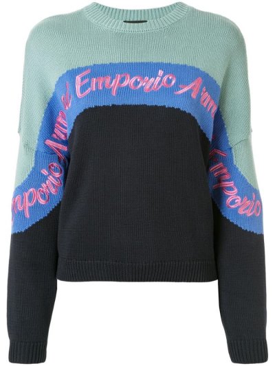 Armani Emporio Colour Block Knit Logo Embroidered Jumper Damen Blau Grün | 7JU6XVL6