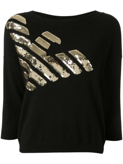 Armani Emporio Logo Embroidered Knit Oberteile Damen Schwarz | QHC126TO