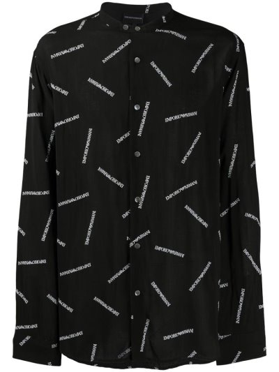 Armani Emporio Logo Print Collarless Hemd Herren Schwarz Weiß | HOF7UWIM