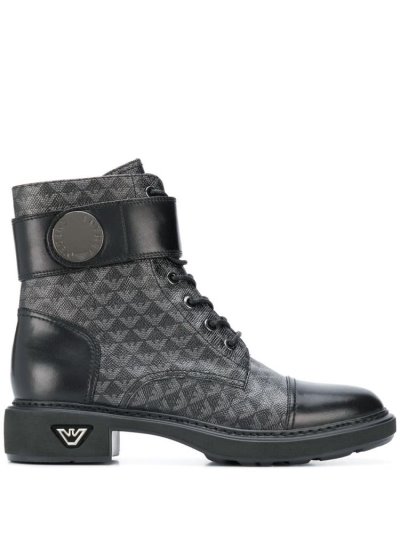Armani Emporio Logo Print Combat Stiefel Damen Schwarz Grau | QY1AQ9DB