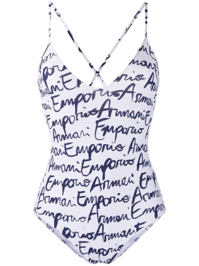 Armani Emporio Logo Print Crisscross Back Badeanzüge Damen Weiß Blau | J2APOJ12