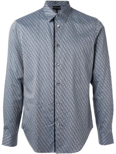 Armani Emporio Long Sleeve All Over Print Hemd Herren Blau Grau | HJZNZ5DE