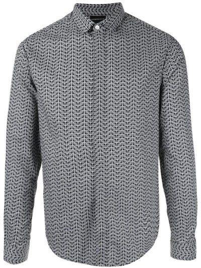 Armani Emporio Long Sleeve Logo Print Hemd Herren Schwarz Weiß | GWKSI2QW