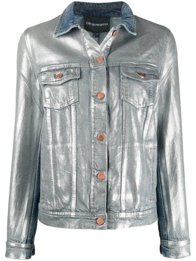 Armani Emporio Metallic Denim Jacke Damen Blau Silber | 67LYI9GM
