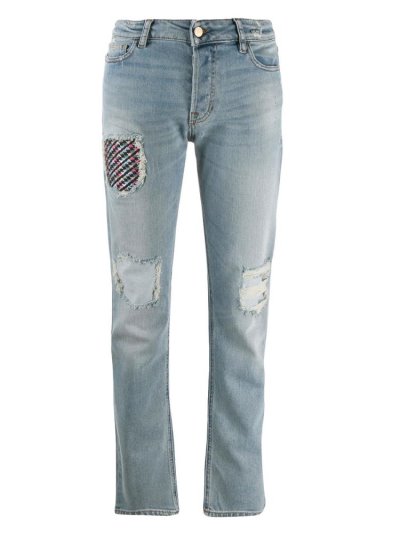 Armani Emporio Ripped Patch Jeans Damen Blau | R96QS1VZ