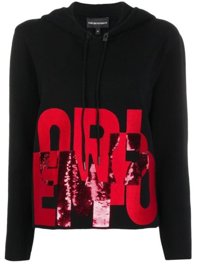 Armani Emporio Sequin Logo Hoodie Damen Schwarz Rot | JCNPALB5