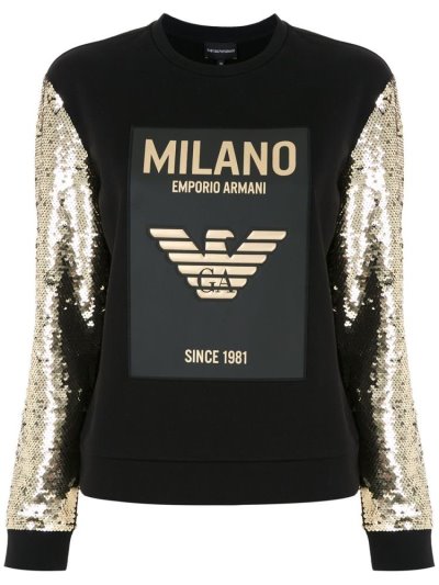Armani Emporio Sequinned Sleeve Baumwoll Sweatshirts Damen Schwarz Gold | 2R6CLWAG