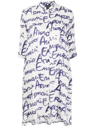 Armani Emporio Signature Logo Print Longline Hemd Damen Weiß Blau | RT86AR0C
