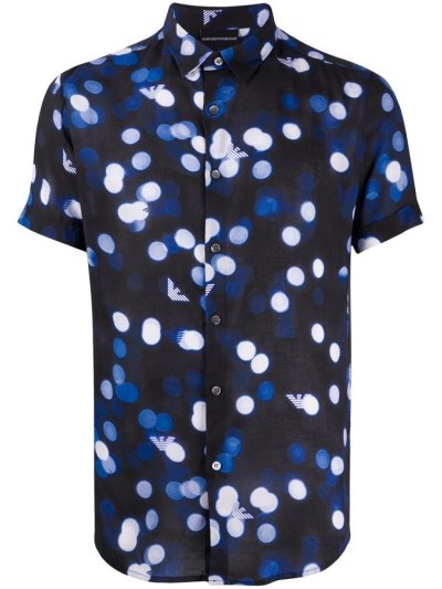 Armani Emporio Spot Logo Print Hemd Herren Blau | DJATBSXT