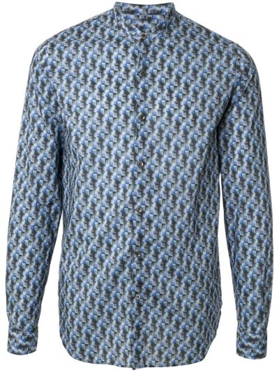 Giorgio Armani Abstract Print Band Collar Hemd Herren Blau | DXNVVDEV